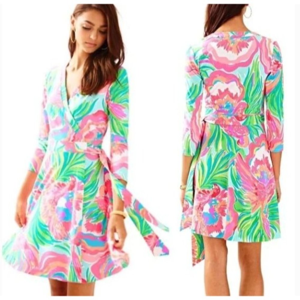Lilly Pulitzer Womens Emilia Long Sleeve Wrap Dress Paradise Bound Serene Blue - Picture 2 of 11